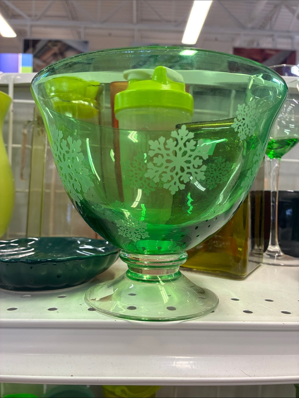 Green Etched Snowflake Glass Compote